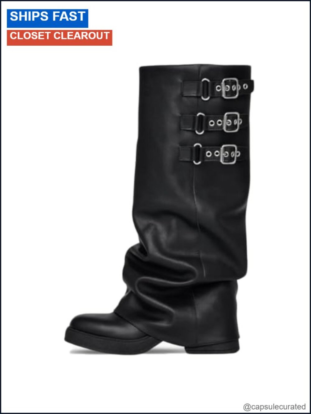 Knee High Slouchy Fold Over Boots Square Toe Platform Hidden Zipper Motorcycle
